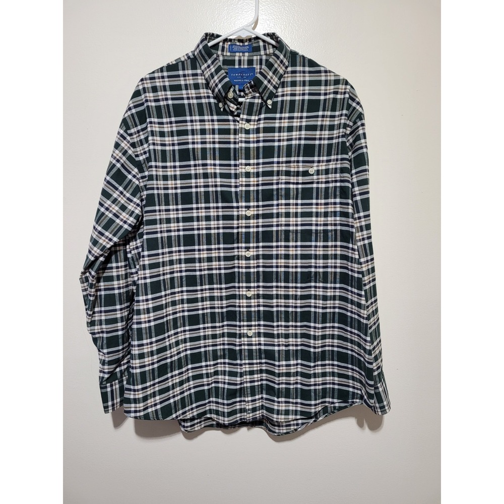 Towncraft Button Down Shirt‎ Mens Large Green Plaid Wrinkle-Free L